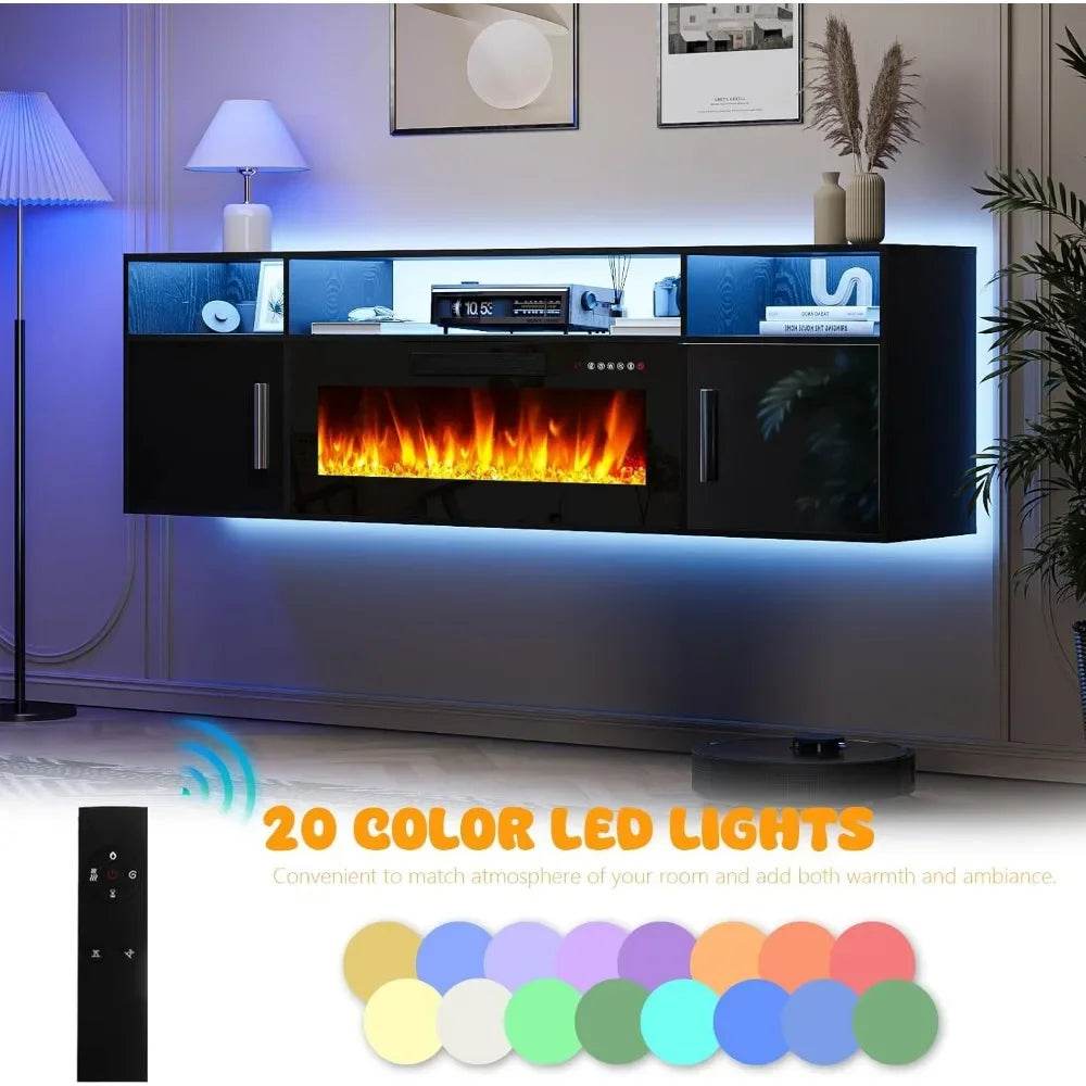 TV Stand 70'' with LED Light and Storage & Highlight Cabinet, Floating Fireplace Modern Wood Media TV Console - MarvelouStoree