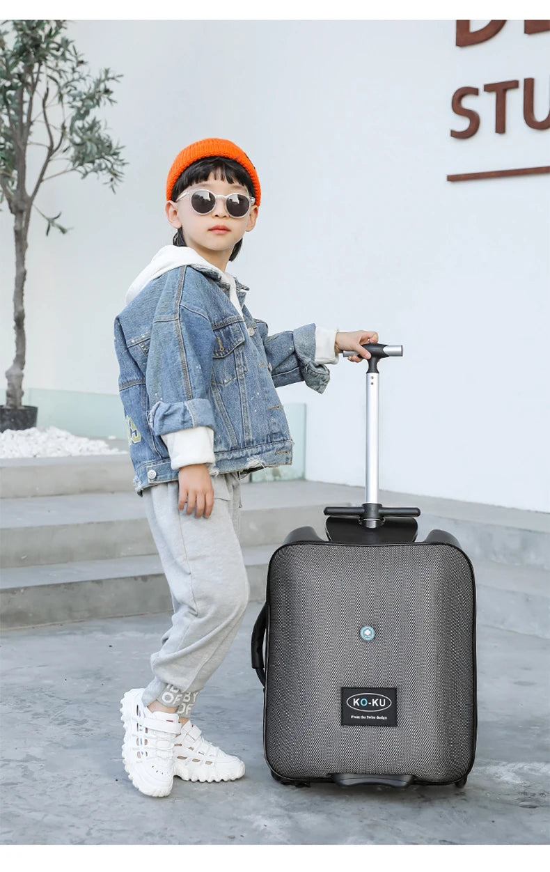 New design lazy baby sit on scooter luggage kids carry on travel suitcase bag boarding skateboard creative trolley case