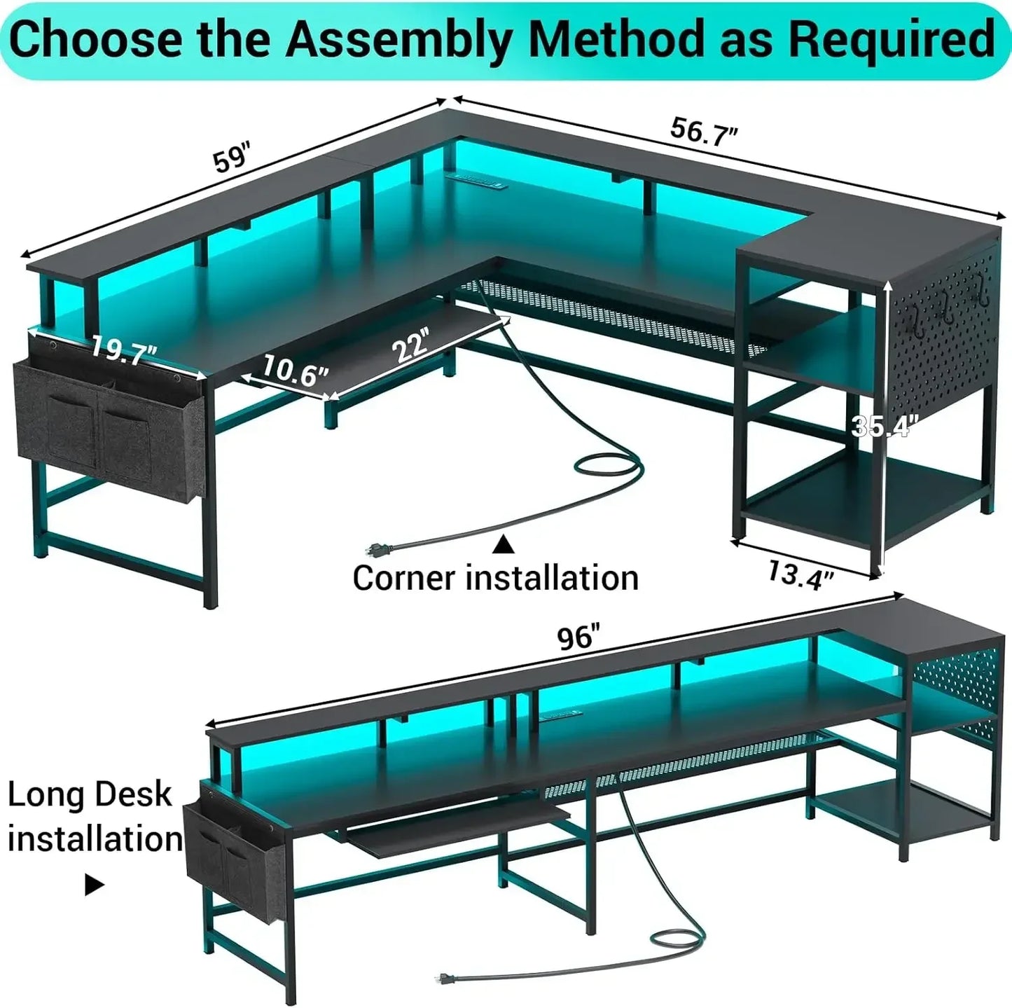 L Shaped Gaming Desk, Reversible Computer Desk, Gaming Desk with Power Outlets & LED Strip, Monitor Shelf, Keyboard Tray