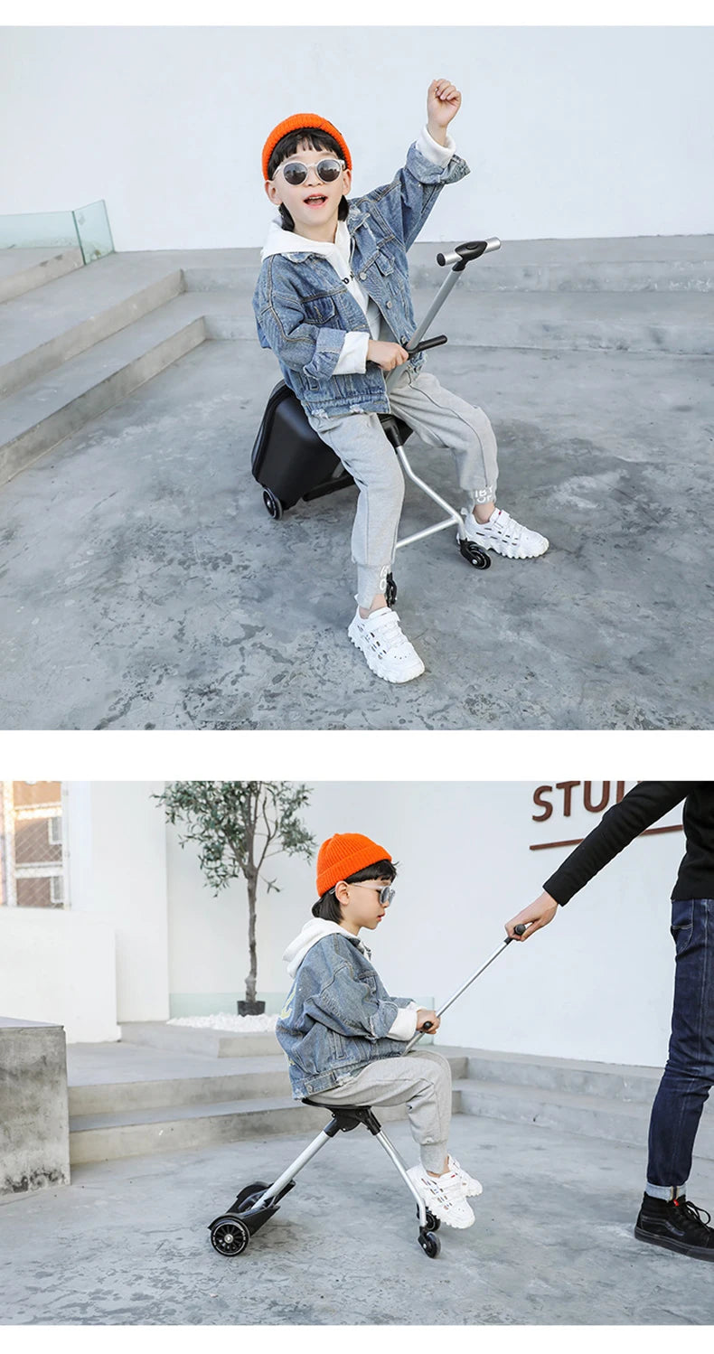 New design lazy baby sit on scooter luggage kids carry on travel suitcase bag boarding skateboard creative trolley case