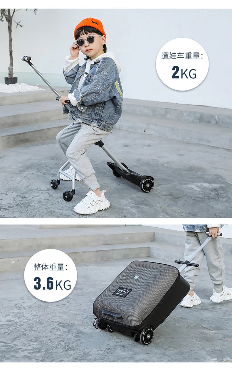 New design lazy baby sit on scooter luggage kids carry on travel suitcase bag boarding skateboard creative trolley case