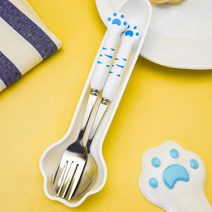 Stainless Steel Spoon and Fork Set with Storage Box Portable Tableware Cute Cat Paw Shaped Dinnerware Kit for Adults Kids School