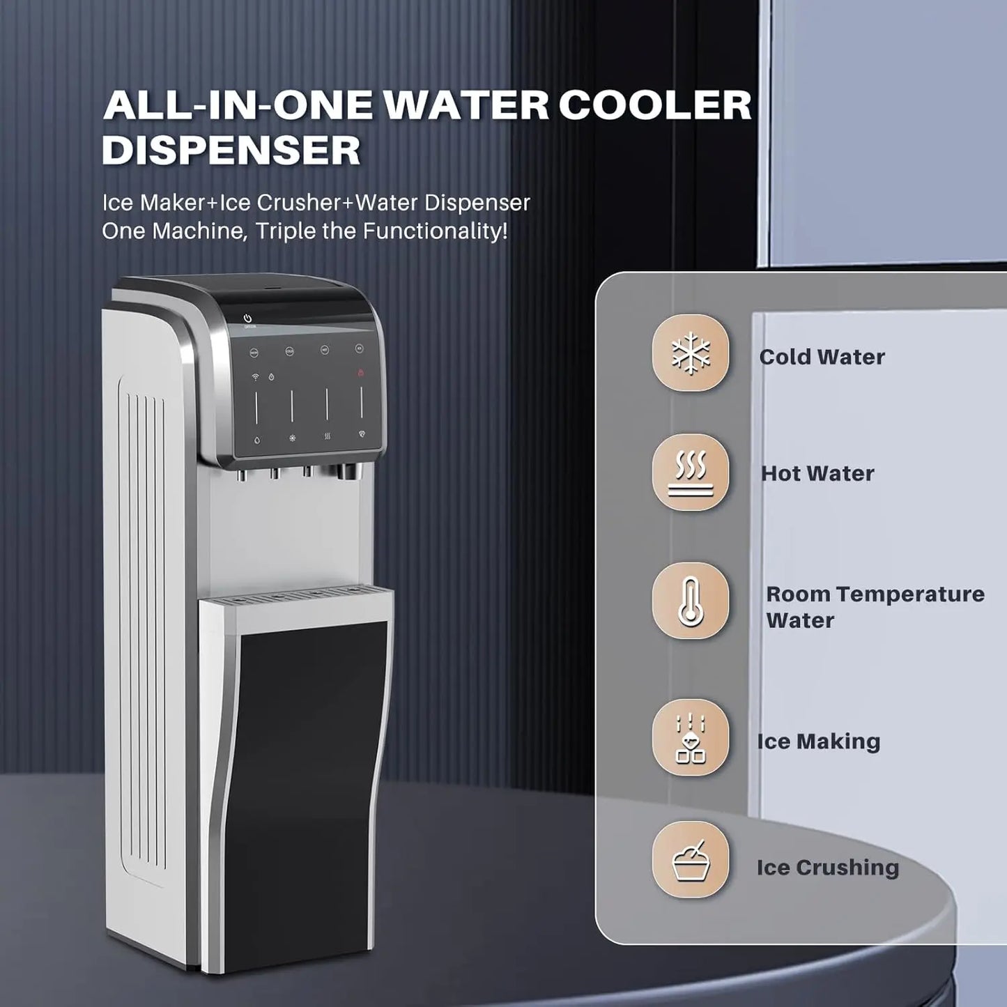 5-in-1 Water Cooler with Ice Maker, Water Dispenser for 5 Gallon Bottle, Bottom Loading, Hot/Cold Water Dispenser Built-in Bulle