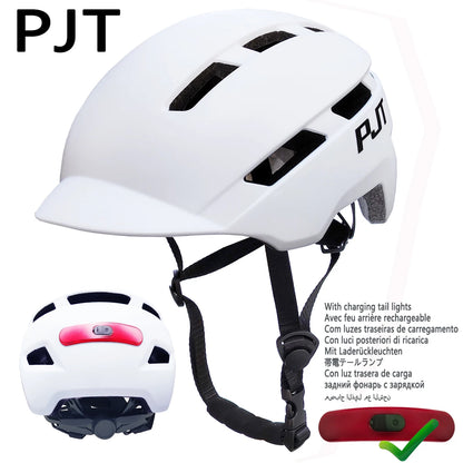 PJT New Cycling Helmet In-Mold Mountain Road USB Rechargeable Tail light Bicycle Bike Helmet Sports Safe Hat MTB Cycling Helmet