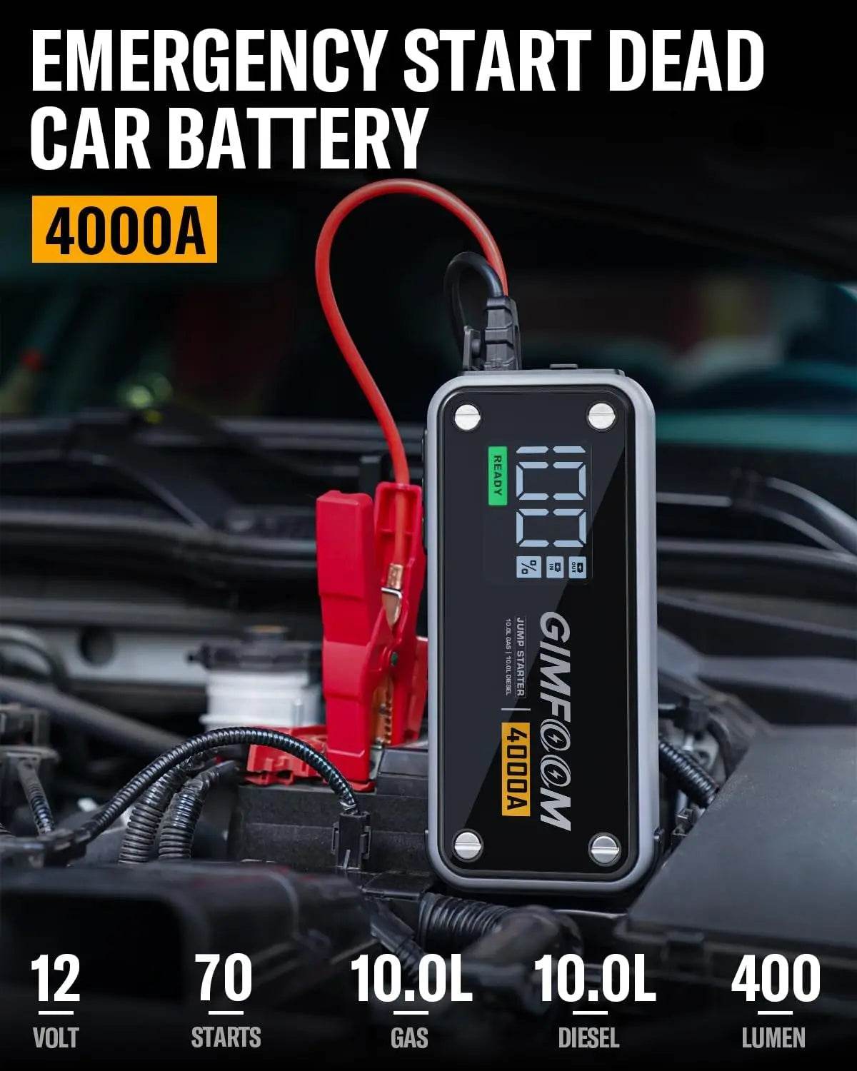 Jump Starter 4000A Car Battery Jump Starter with Wall Charger 10L Gas & 10L Diesel Engines 12V Jump Starter Battery Pack - MarvelouStoree