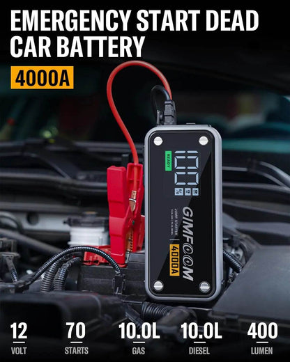 Jump Starter 4000A Car Battery Jump Starter with Wall Charger 10L Gas & 10L Diesel Engines 12V Jump Starter Battery Pack - MarvelouStoree