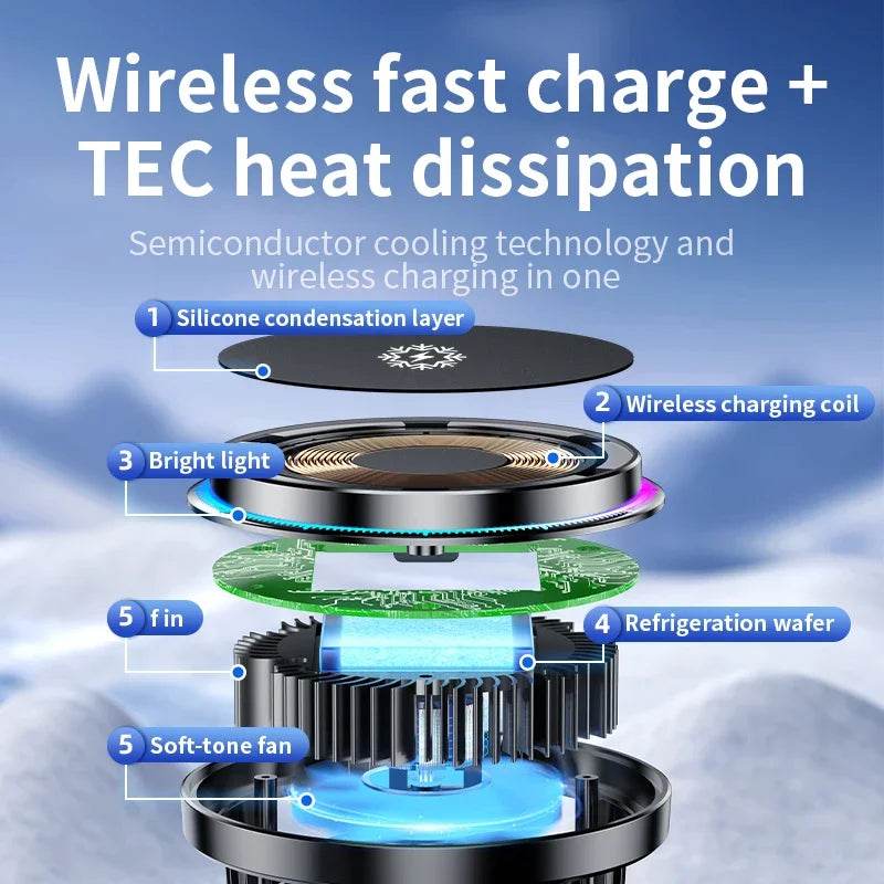 15W Ice Cooling Magnetic Wireless Car Charger Fast Charging Station For iPhone 15 14 13 Pro Max MacSafe Car Phone Holder Stand - MarvelouStoree