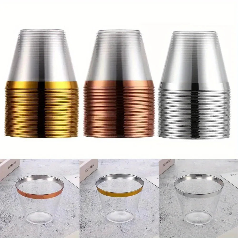 100pcs disposable plastic cups with rose gold and silver edges, 9oz, perfect for weddings, birthday parties, and tableware,