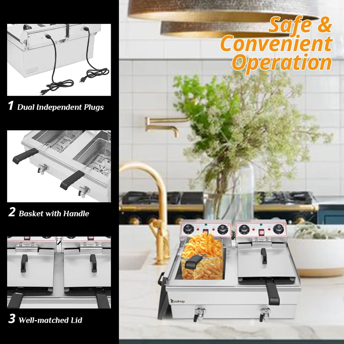 24.9QT Capacity Electric Deep Fryer with Time Control & Oil Filtration, Countertop Dual Tank Fryers w/Drain & Temperature