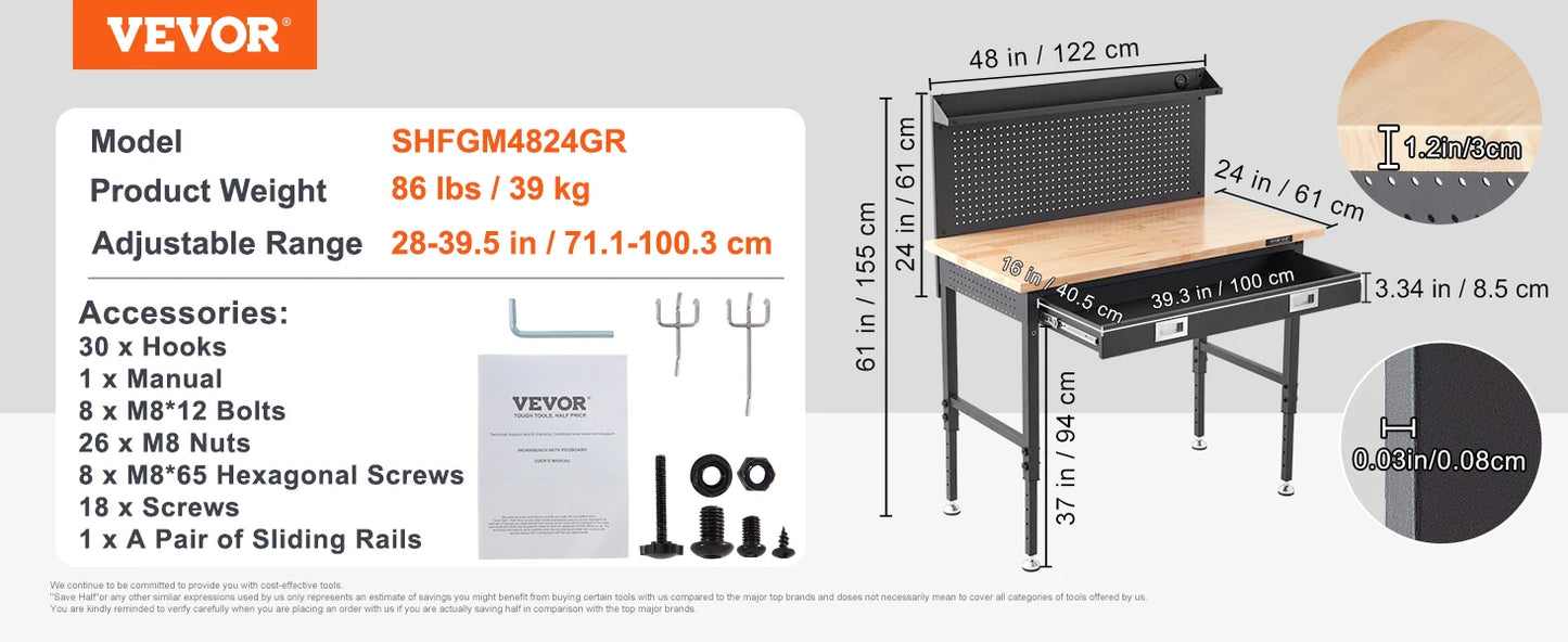 Workbench Adjustable Height 28-39.5" Work Bench for Garage Oak Plank & Carbon Steel Heavy Duty Workbench 2000lbs Weight Capacity