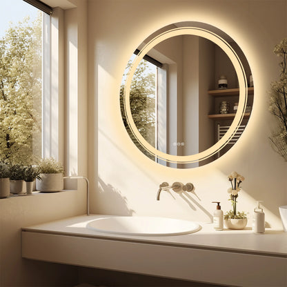 Large Round  LED Lighted Bathroom Mirror Wall Mount Vanity Frameless Backlit Touch Dimmer Switch Anti-Fog 3 Color