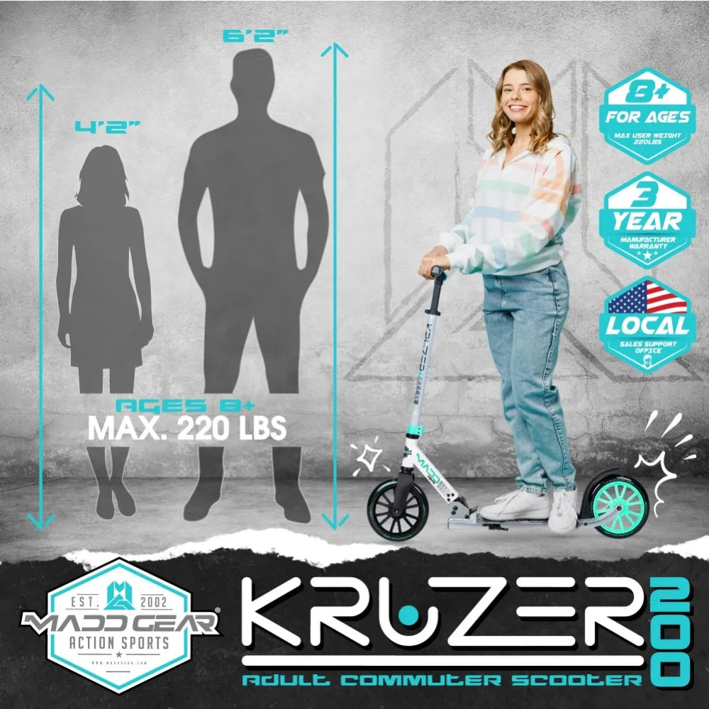 New Madd Gear Kruzer 200mm Commuter Scooter - Easy Folding - Height Adjustable for Teens & Adults 2024