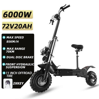 6000W Dual Motor Powerful Electric Scooter 85KM/H Max Speed Folding Electric Scooter 72V 20AH Large-Capacity Battery for Adults