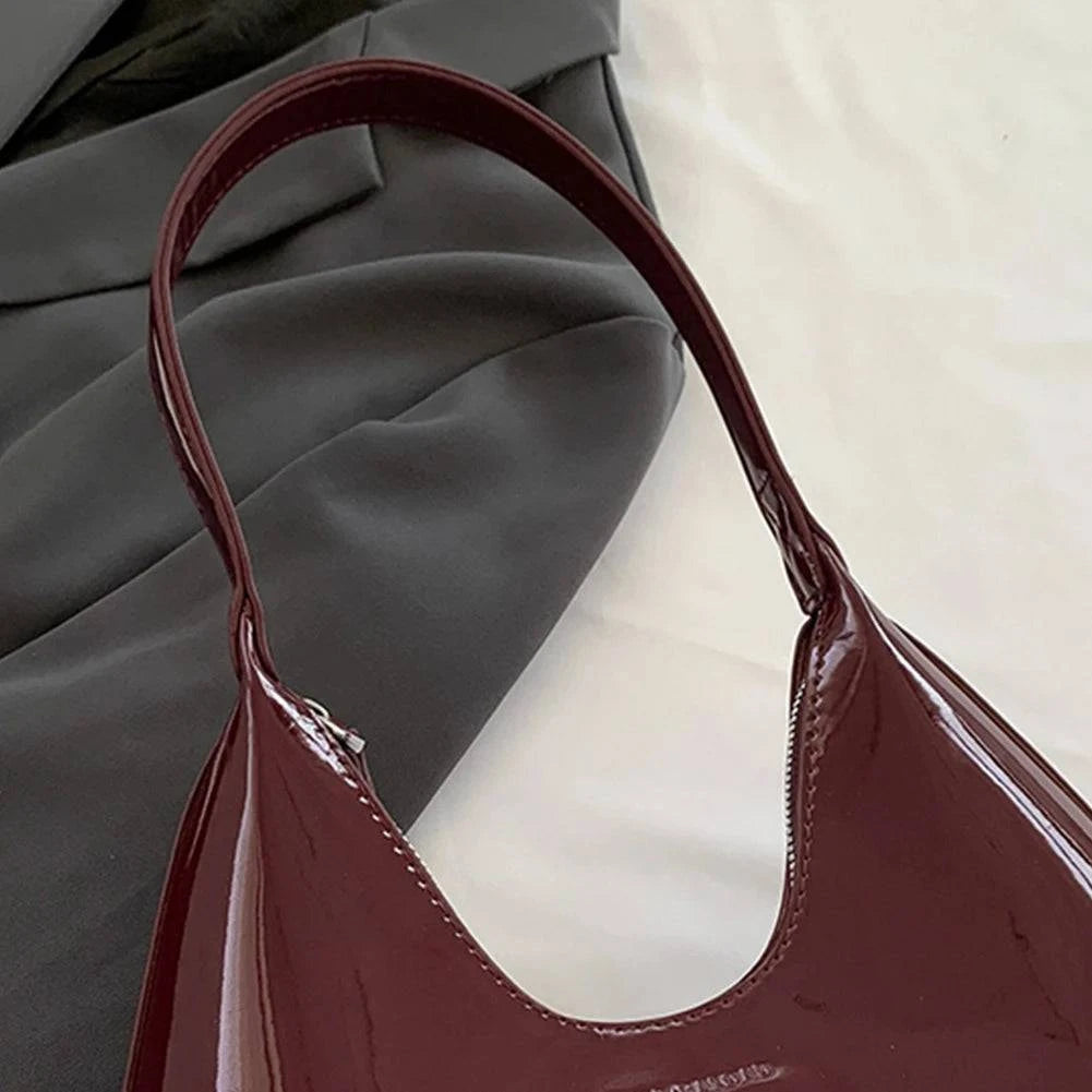 Designer Retro Wine Red Shoulder Bags for Women's Patent Leather Fashion Crescent Bag 2024 New French Small Handbag Ladies Totes