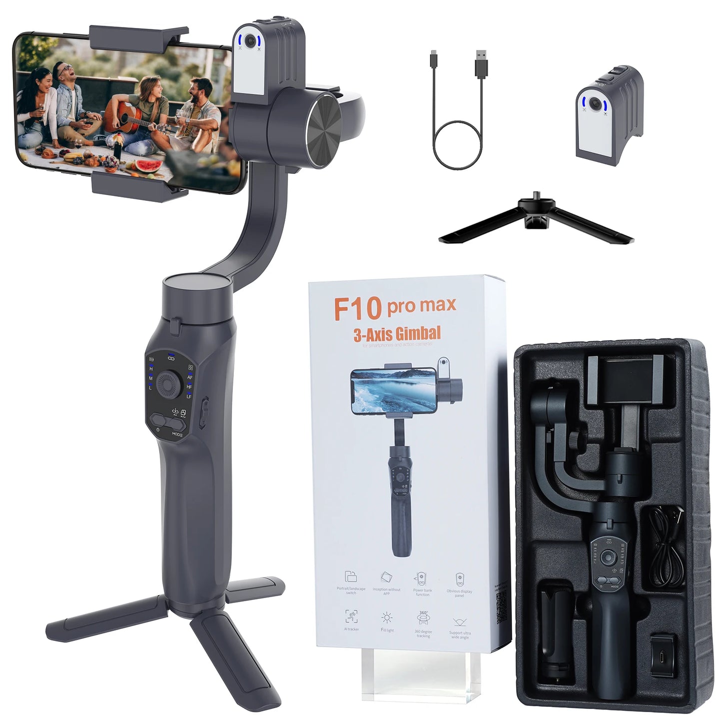 F10 Pro Max 3-Axis Smartphone Handheld Gimbal Stabilizer with Fill Light for iPhone Android Face Tracking Anti-Shake Tiktok Vlog