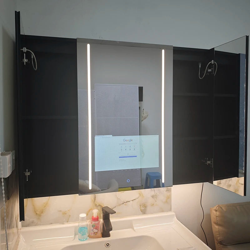 Cabinet With Smart TV Mirror, 3 Door Wall Mounted Cabinet Anti Fog Smart Led Medicine Storage Washroom Toilet Bathroom