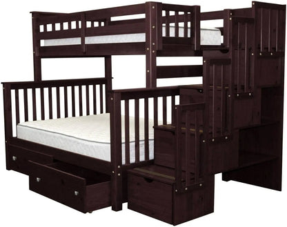 Stairway Bunk Beds Twin Over Full with 4 Drawers in The Steps and 2 Under Bed Drawers Dark Cherry No Particle Board