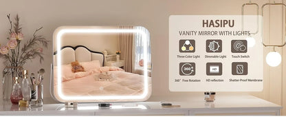 Vanity Mirror with Lights, 14" x 11" LED Makeup Mirror, 3 Modes Light, Smart Touch Control Dimmable, 360°Rotation, White Frame