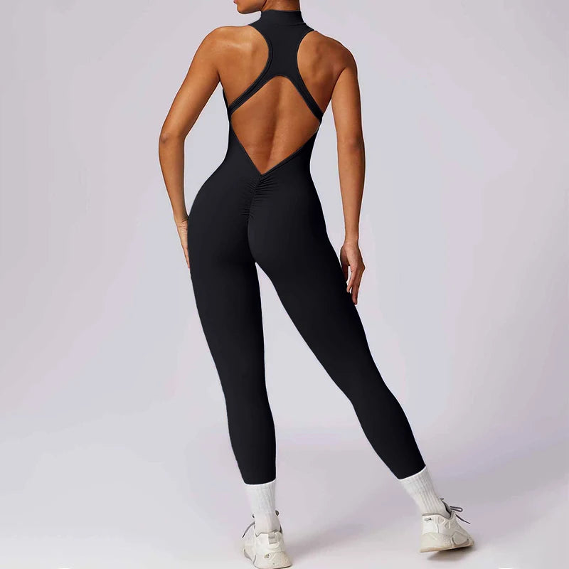 Backless Jumpsuits Zipper Sports Bodysuits Women Yoga Sets Sportswear Fitness Overalls One Piece Suit Workout Playsuit Female