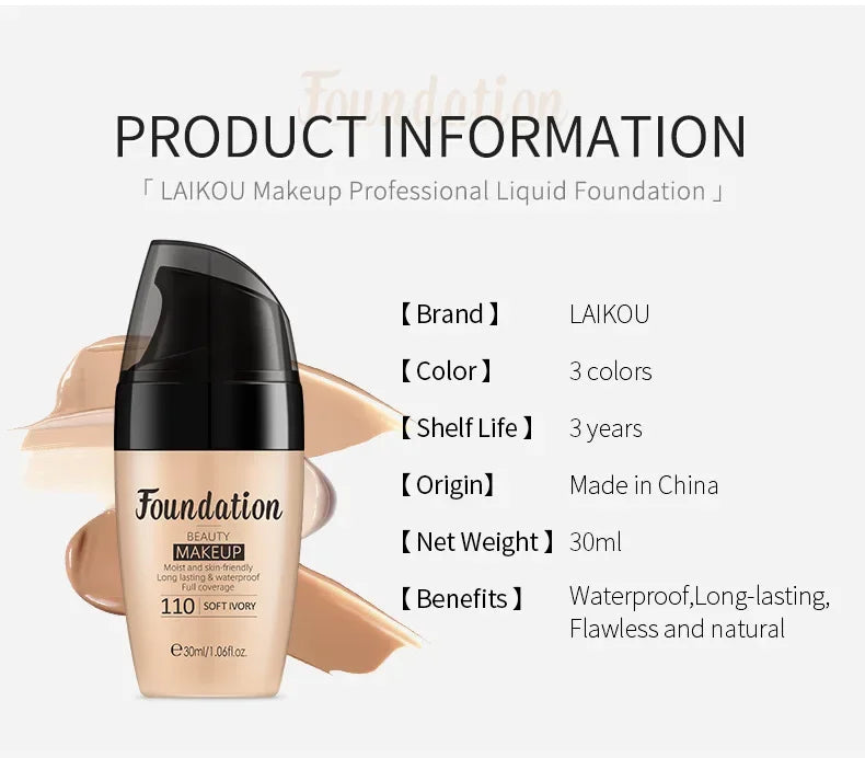 LAIKOU Liquid Foundation Moisturizing Long Lasting Face Comestics Natural Brighten Face Base Tone Make Up 30ml