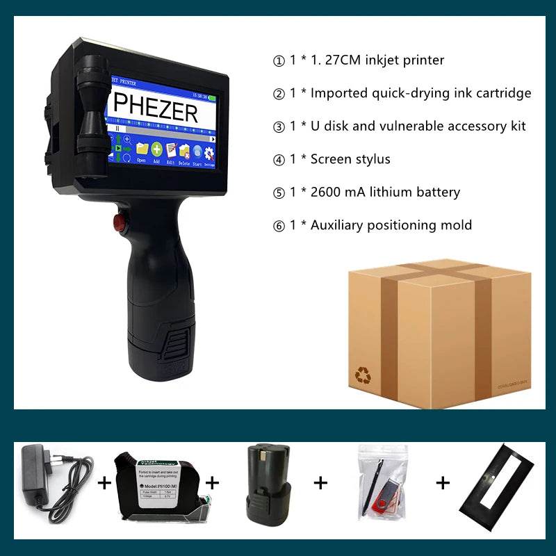 Phezer 12.7/25.4mm Label Printer Handheld Inkjet Printer QR Bar Batch Code Date Number Logo Expiry Date Coding Machine Portable - MarvelouStoree