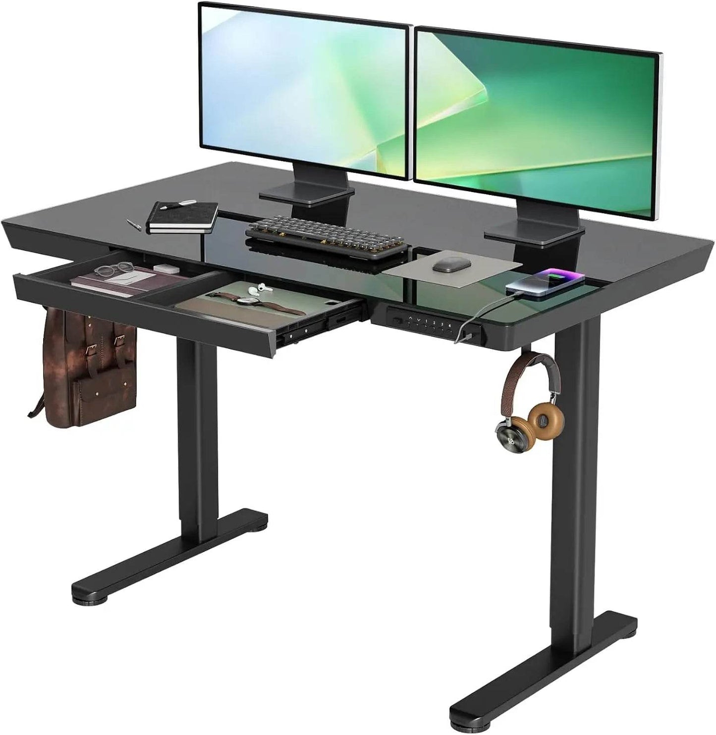 Glass Standing Desk with Drawers, 48×24 Inch Adjustable Stand Up Desk, Quick Install Home Office Computer Desk with USB Ports - MarvelouStoree