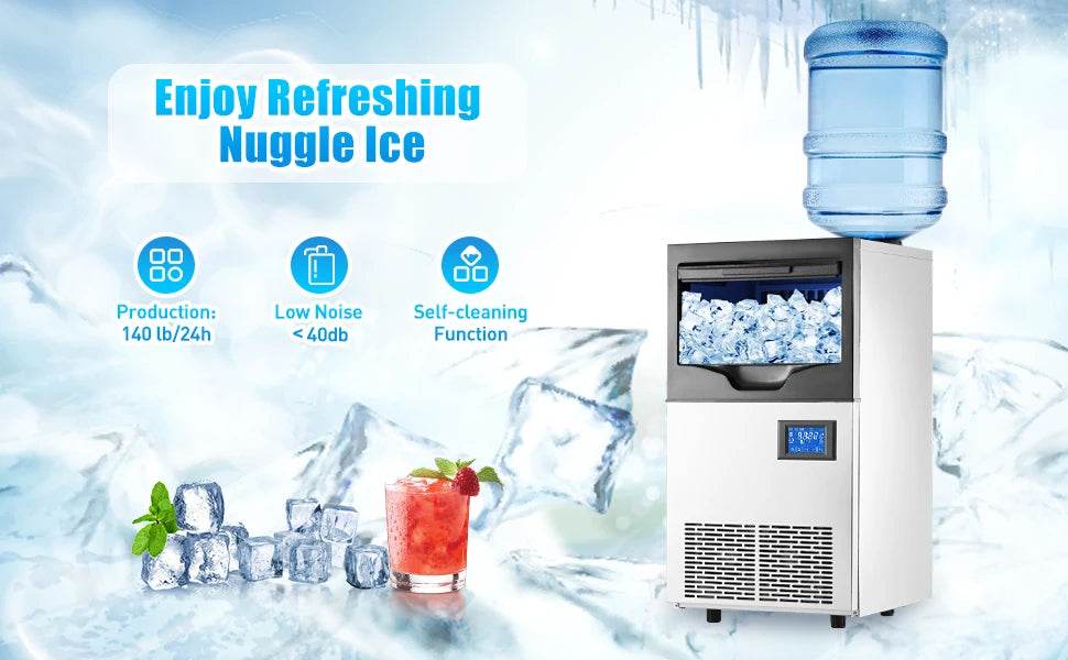 Commercial Ice Maker Machine, 140Lbs/24H, 22Lbs Storage Bin, 2-Way Add Water, 0.9Inch Thick Ice Cube Ice Machine Automatic - MarvelouStoree