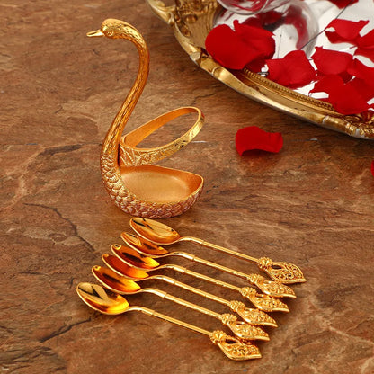 7PCS Stainless Steel Creative Dinnerware Set Decorative Swan Base Holder With 6 Spoons For Coffee Fruit Dessert Stirring Mixing