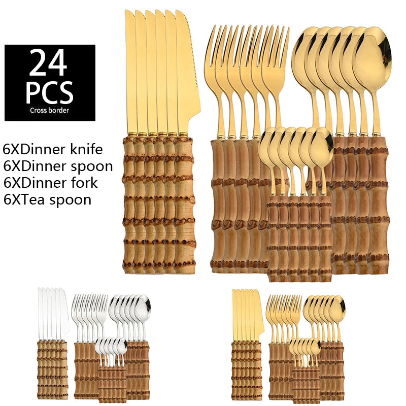 24Pcs Bamboo Tableware Sets Stainless Steel Bamboo Cutlery Set Purely Natural Handle Flatware Set Dinnerware Steak Knife Cutlery