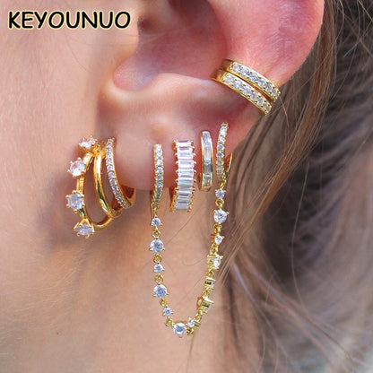 KEYOUNUO Gold Filled Stud Earrings Set For Women Ear Cuffs Colorful Zircon Dangle Hoop Earrings Fashion Party Jewelry Wholesale