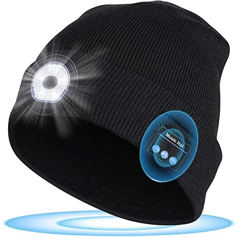 Outdoor Sport Bluetooth 5.0 Wireless Headphone Beanie Hat with LED Light and Built-in Microphone for Music and Calls