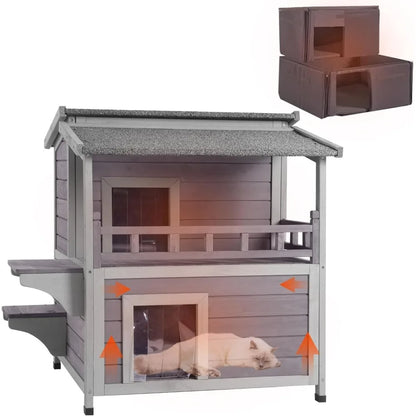 Insulated Outdoor Cat House, Weatherproof Cats Shelter for Winter with Foam Heated Liner, Outside 2 Story Pet House, Kitten Cage