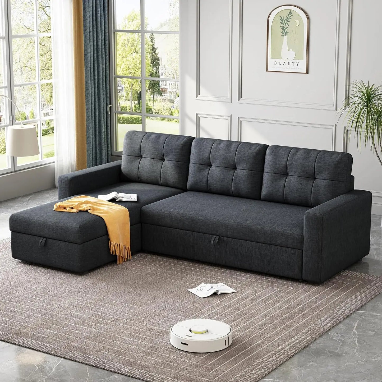 81.5" Sectional Sleeper Sofa with Storage Chaise, L Shaped Pull Out Couch Bed with 3 Removable Back Cushion for Living Room,Apar