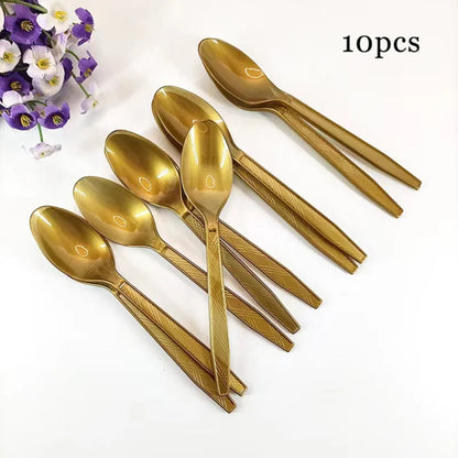 10pcs/Set green golden Pink Disposable Tableware Plastic Knife Fork Spoon Birthday Decor Kids Adults Wedding Party Supplies