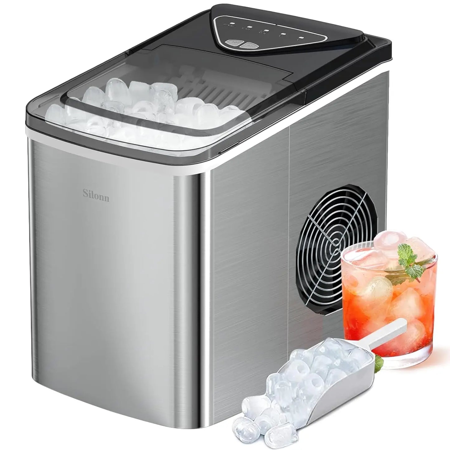 Silonn Nugget Ice Maker Countertop, Pebble Ice Maker with Soft Chewable Ice, One-Click Operation Ice Machine with Self-Cleaning