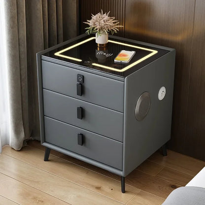 3 Drawers Smart Bedside Table with Wireless Charging Solid Wood Bedroom End with Fingerprints Lock Hotel Nightstands