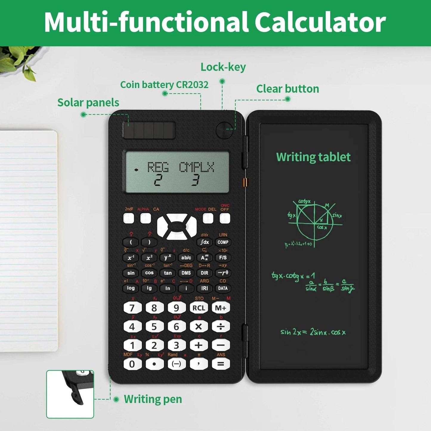 Scientific Calculator With Writing Tablet 991MS 349 Functions Engineering Financial calculator For School Students Office Solar