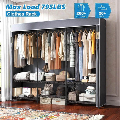 Heavy Duty Clothes Rack with Cover Loads 795 LBS Clothing Racks for Hanging Portable Freestanding Wadrobe Closet 56W*16D*75.5H - MarvelouStoree