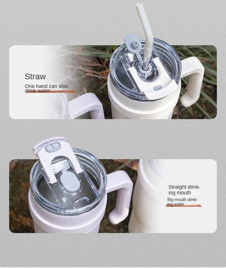 Large Capacity Car Insulated Cup Handle Straw Cup Stainless Steel Office Outdoor Travel Coffee Cup