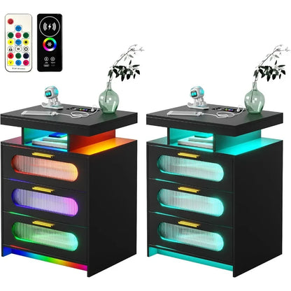 Nightstand Set of 2, Wireless Charging with LED Lights, 3 Drawers Night Stands, Bedside End Table with Smart Sensor,