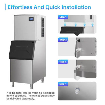 Commercial Ice Maker Machine,Stainless Steel,Automatic Cleaning,Blue Ray,Perfect for Bar or Business,includes Ice Shovel, Hose