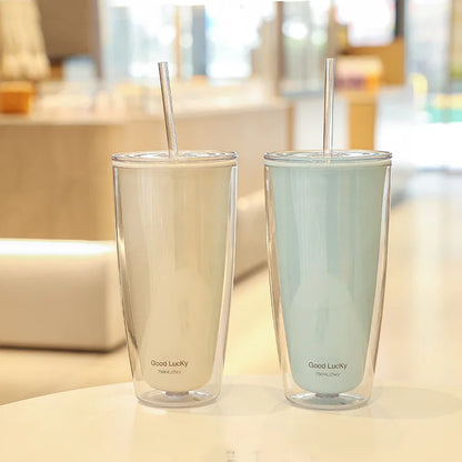 750ml Plastic Straw Cups Double-Layer with Straw Large Capacity Reusable Water Bottle for Drinking Coffee Mug Juice Milk Cup