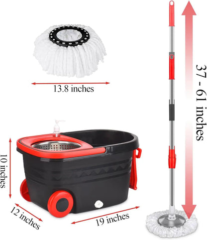 360° Spin Mop Bucket Sets Wrings System, Bucket with Wheels and 61''/155cm Extendable and Adjustable Handle, Dry wet separation