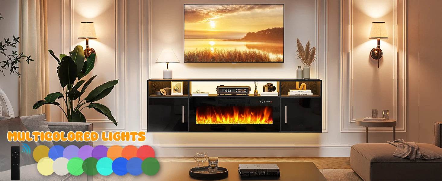 TV Stand 70'' with LED Light and Storage & Highlight Cabinet, Floating Fireplace Modern Wood Media TV Console - MarvelouStoree