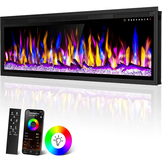 Smart 50" WiFi-Enabled Electric Fireplace Heater, Recessed in-Wall and Wall-Mounted Linear Fireplace