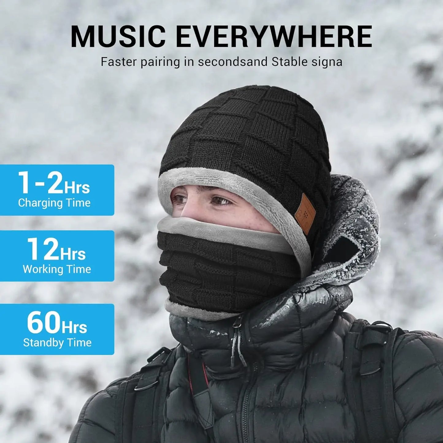 Bluetooth Beanie music Hat bluetooth headphones Winter Warm Knitted Fleece Hat with soft Scarf Handsfree call Outdoor Sports