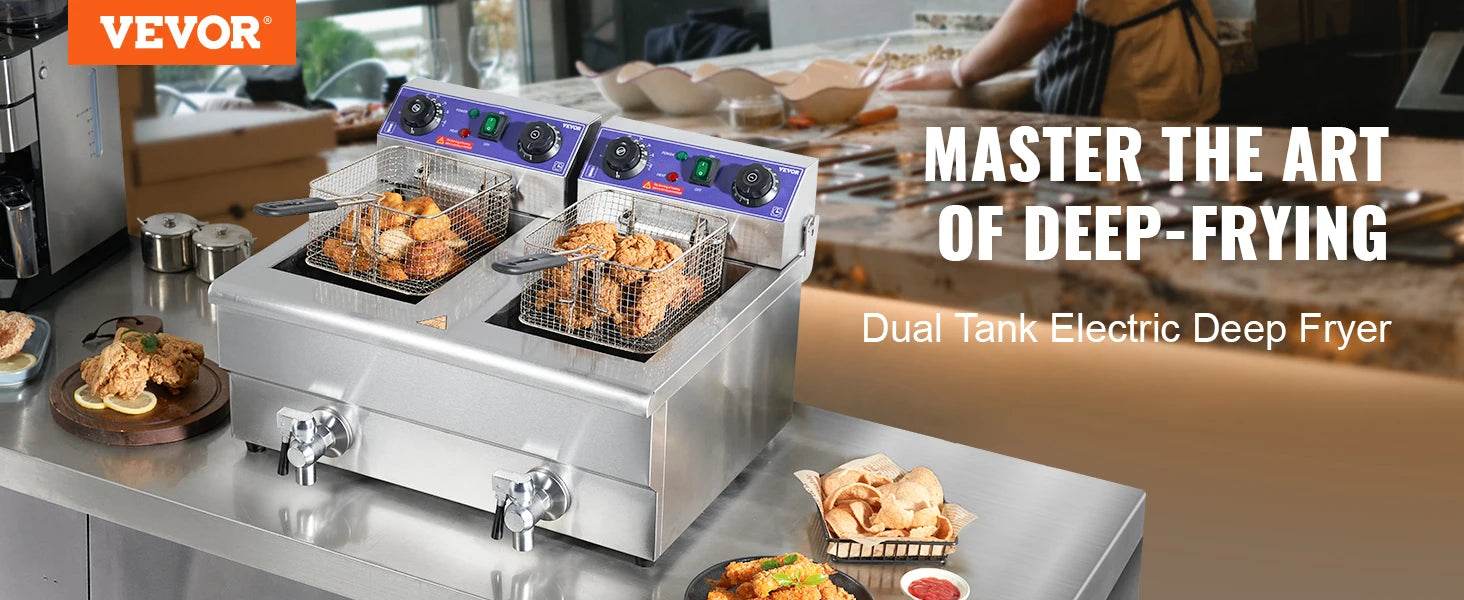 VEVOR Commercial Electric Deep Fryer w/Dual Tanks 12L Countertop Fryer w/Oil Filter and Timed for Fried Chicken French Frie - MarvelouStoree