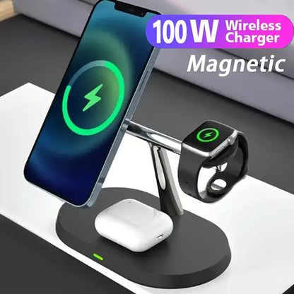 100W 3 in 1 Wireless Charger For iPhone 12 13 14 15 for Magsafe Charger Airpods Pro Apple Watch 9 8 7 6 QI Fast Charging Station