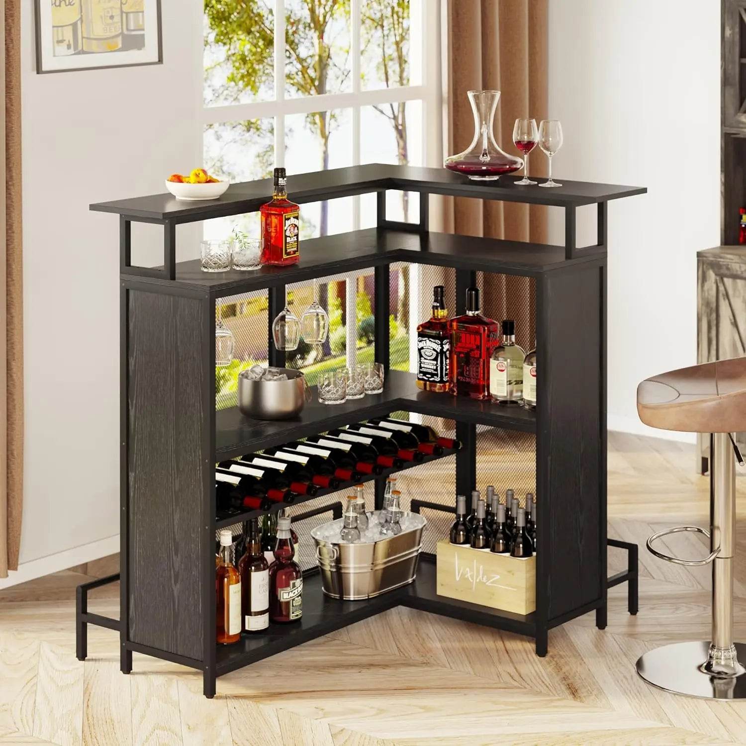 Dwvo L-Shaped Home Bar Unit With Led Light App Control, 4 Tier Tall Liquor Table With Wine Rack, Storage Shelves And Glasses - MarvelouStoree