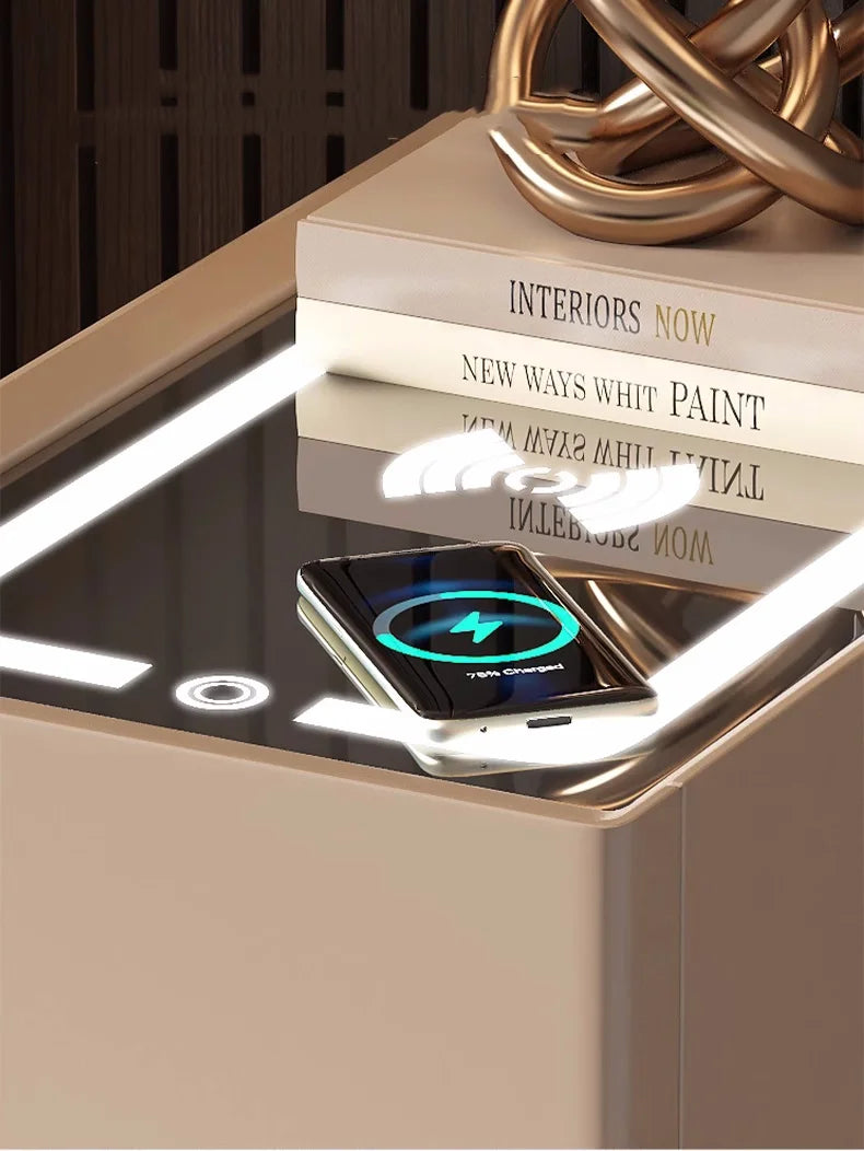 Creative 25cm Smart Bedside Table with Sensor Light Nordic Style Storage Cabinet Bedroom Nightstand with Wireless Charging